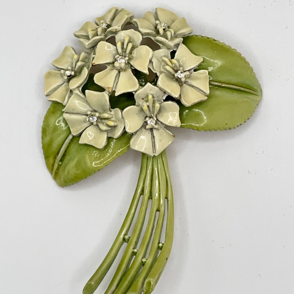 Vintage BSK My Fair Lady Two Tone Green Enamel Flower Pin Brooch
